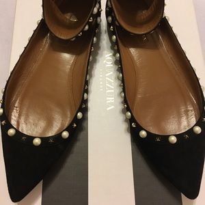 Pointy toe ankle strap black suede flats